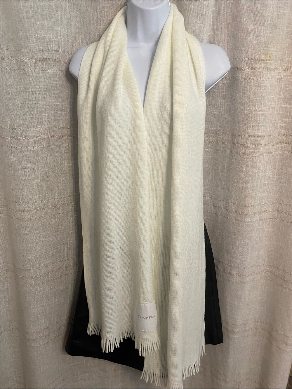 Calvin Klein Knit Scarf Cream White Fringed Hem Leather Logo Patch Long